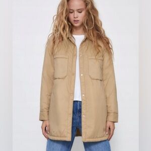 Zara quilted water repellent oversized jacket Overshirt Beige Sz XS 4341/739